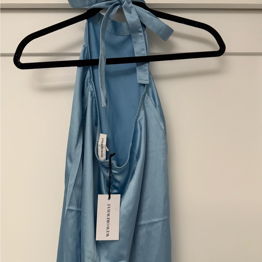 Blue Satin Halter Dress